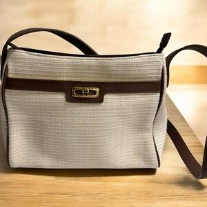 Etienne Aigner Cream Canvas & Brown Leather Shoulder Bag Gold Logo Accent